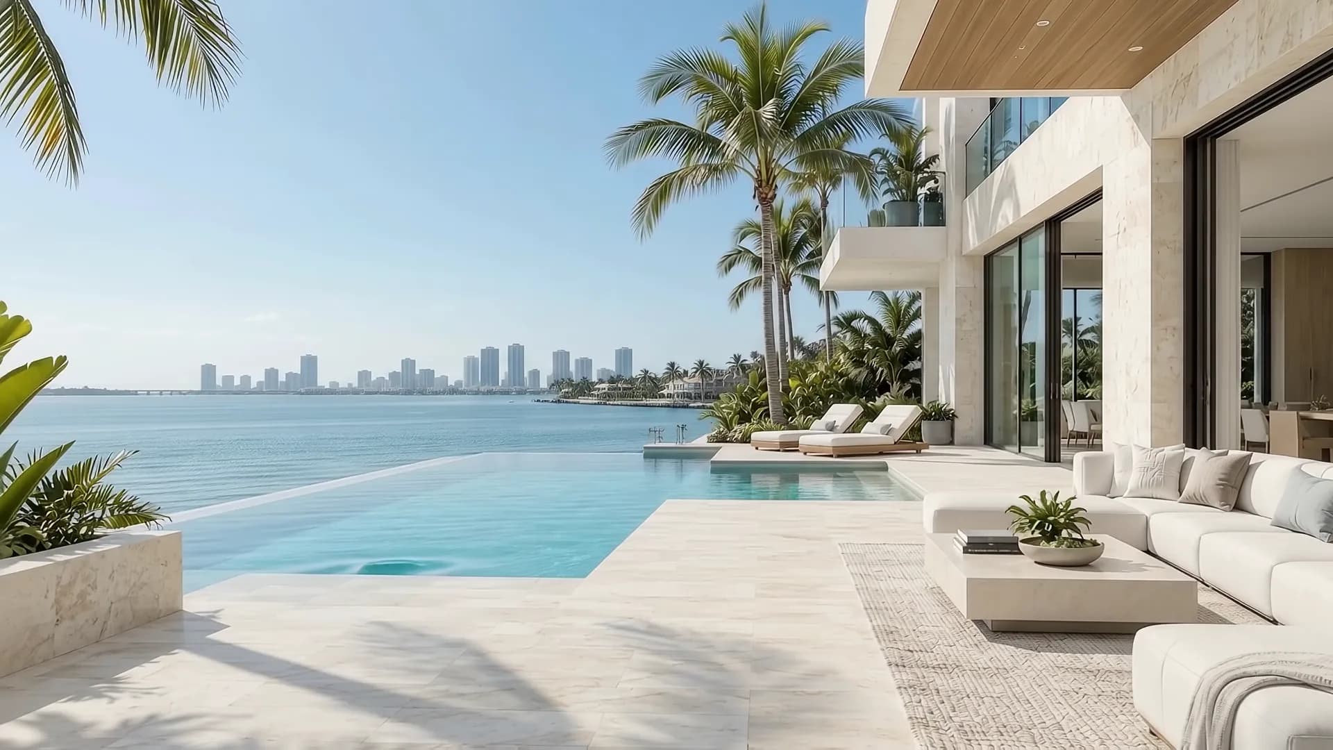 Residência contemporânea à beira d'água na Flórida, em um dia ensolarado. Imagem conceitual.